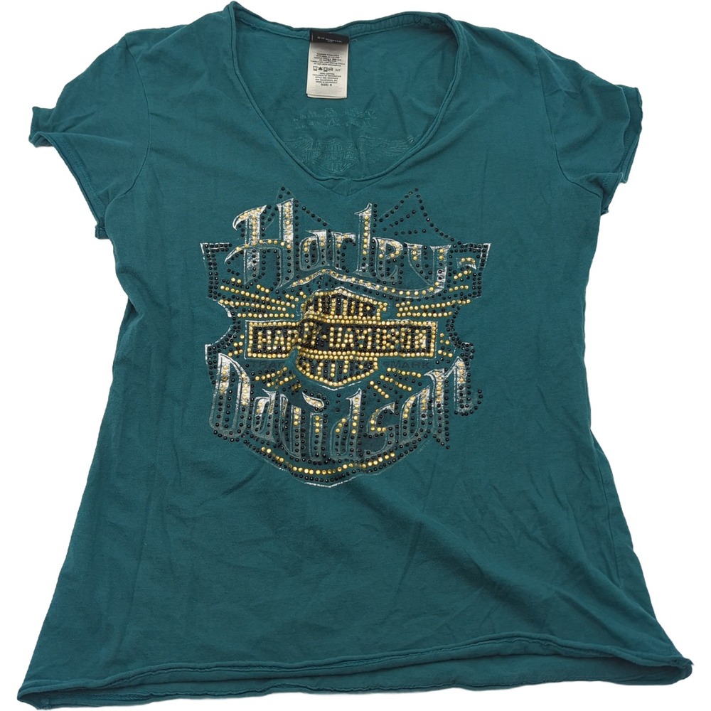 Harley Davidson Womens Teal V-Neck Rhinestone Graphic T-Shirt Small Dillon Bros